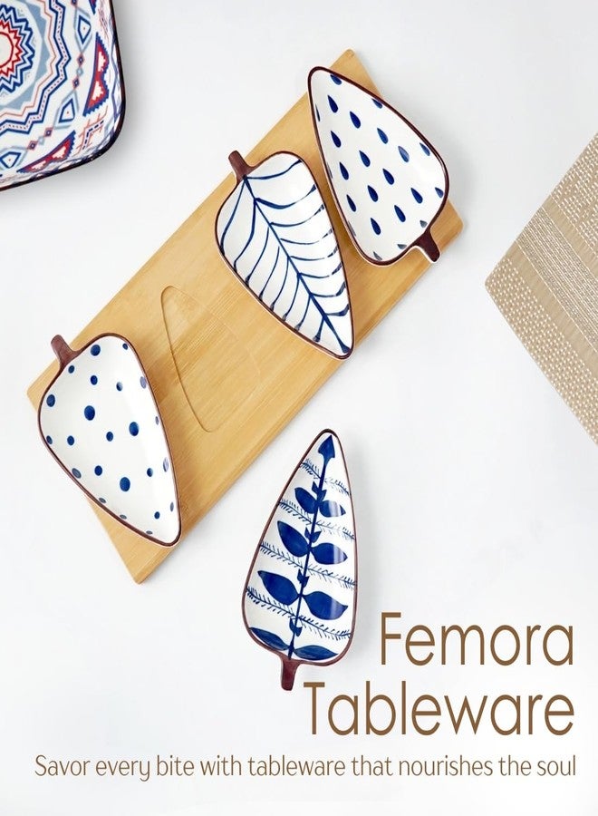 Femora Ceramic Serving Platter | 4 Small Leaf-Shaped Plates with 1 Wooden Tray | Perfect for Serving Sweets, Cookies, Dry Fruits, Mouth Freshner & Snacks (Blue & White). - Image 4